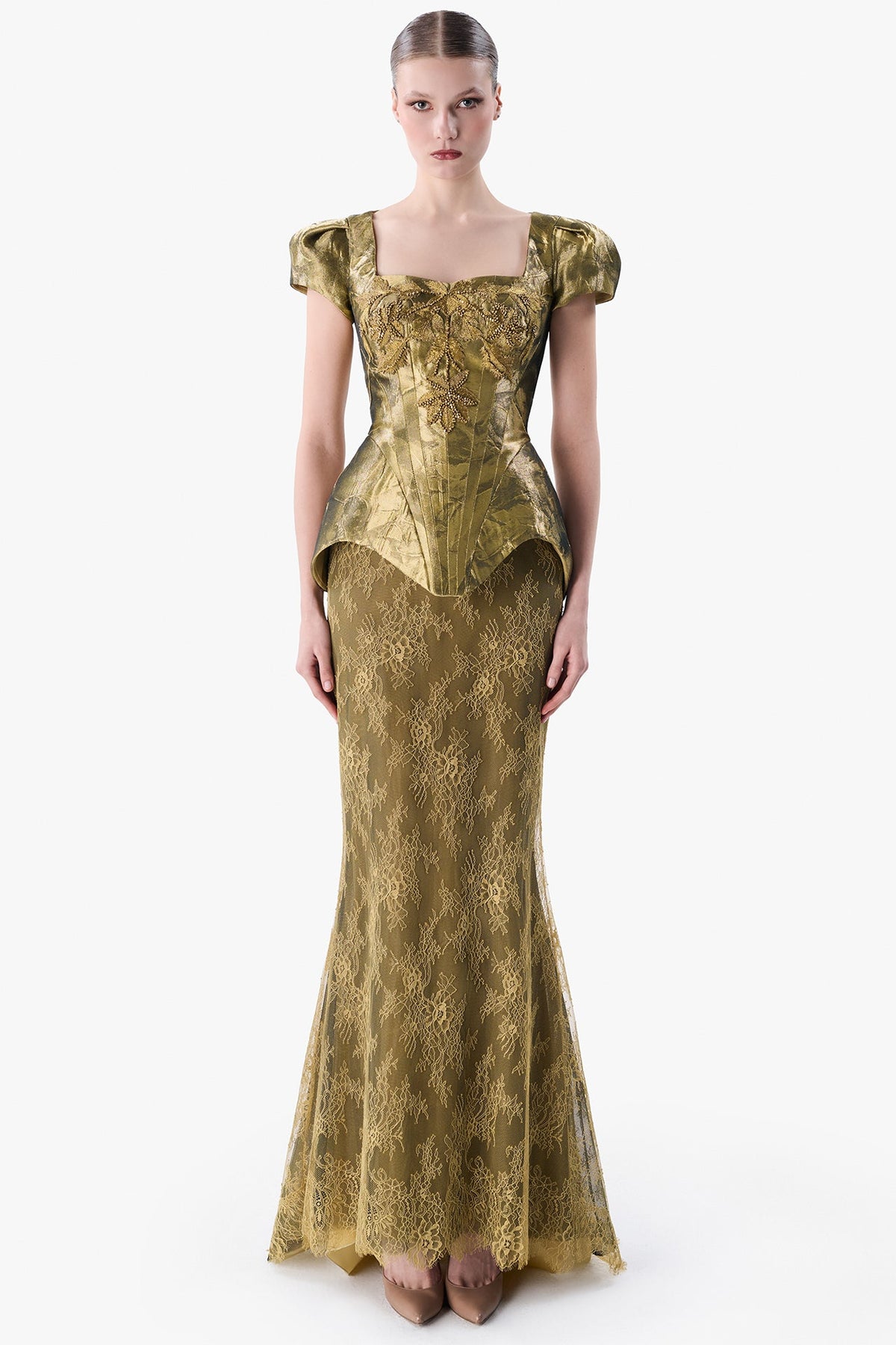 Metallic Jacquard Peplum Gown