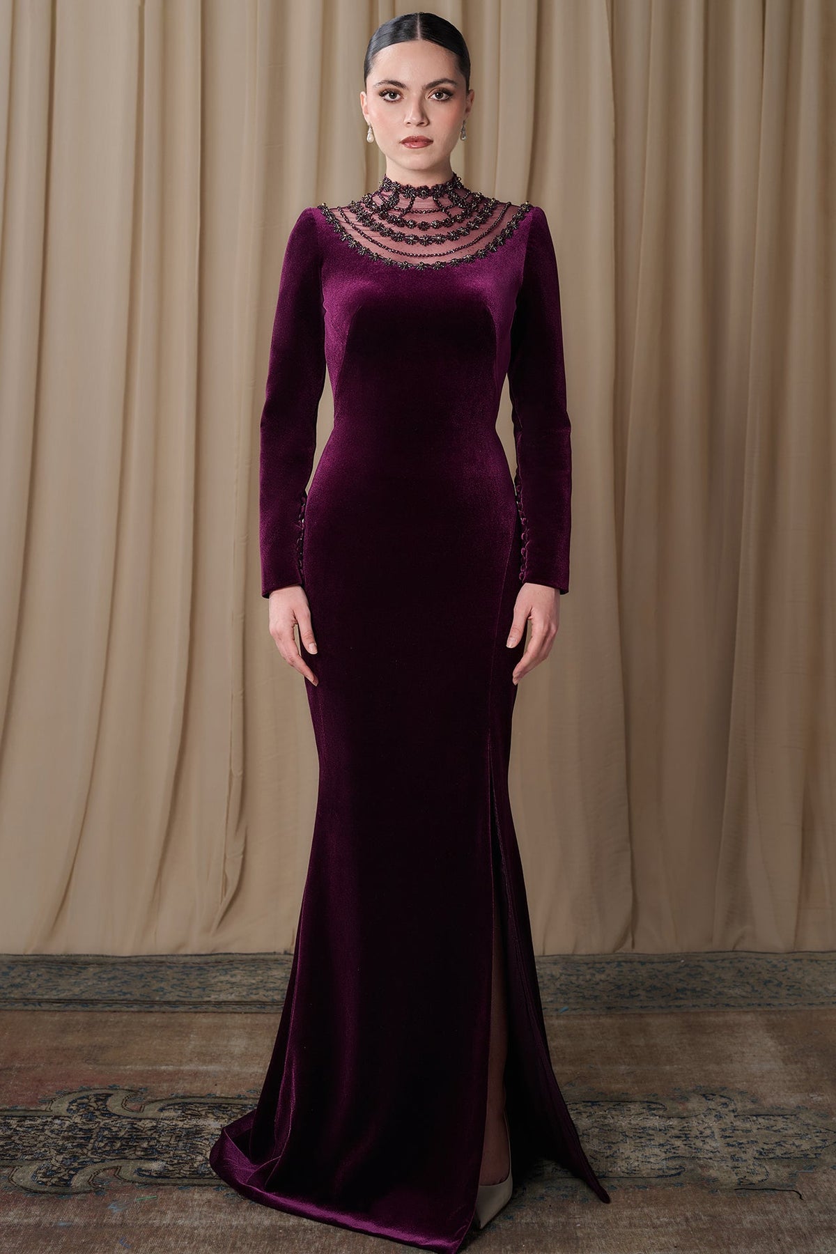 Beaded Mock-Neck Velvet Gown