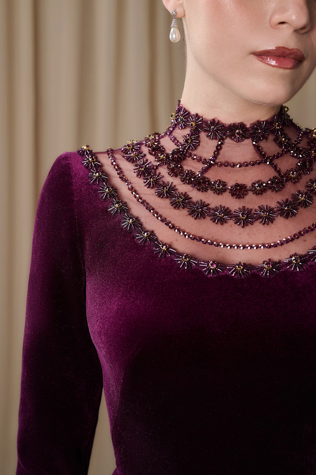 Beaded Mock-Neck Velvet Gown