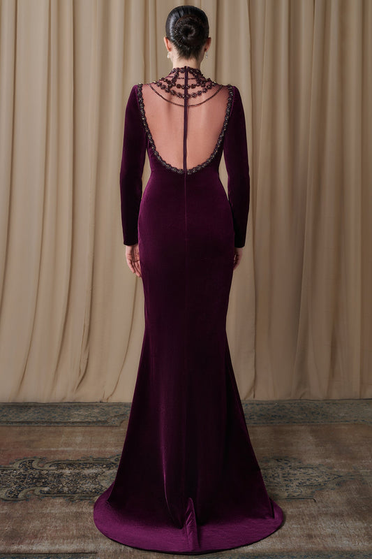 Beaded Mock-Neck Velvet Gown