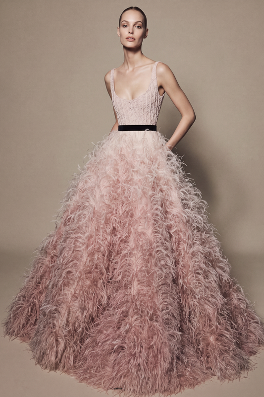 Sleeveless Blush Feather Ball Gown