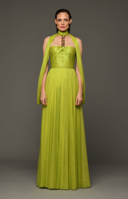 Draped Silk Foiled Tulle Gown