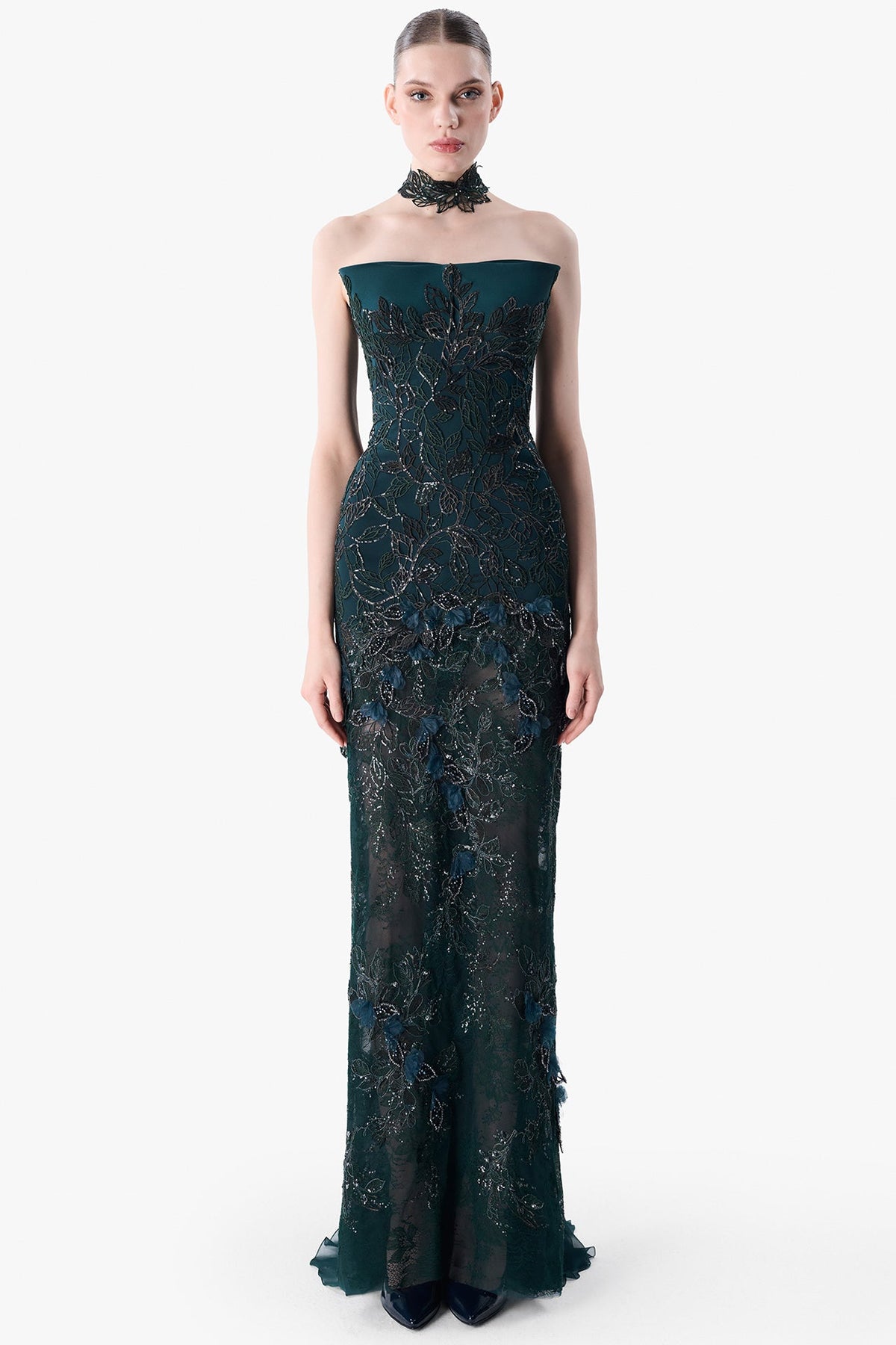 Embroidered Strapless Gown with Choker Cape