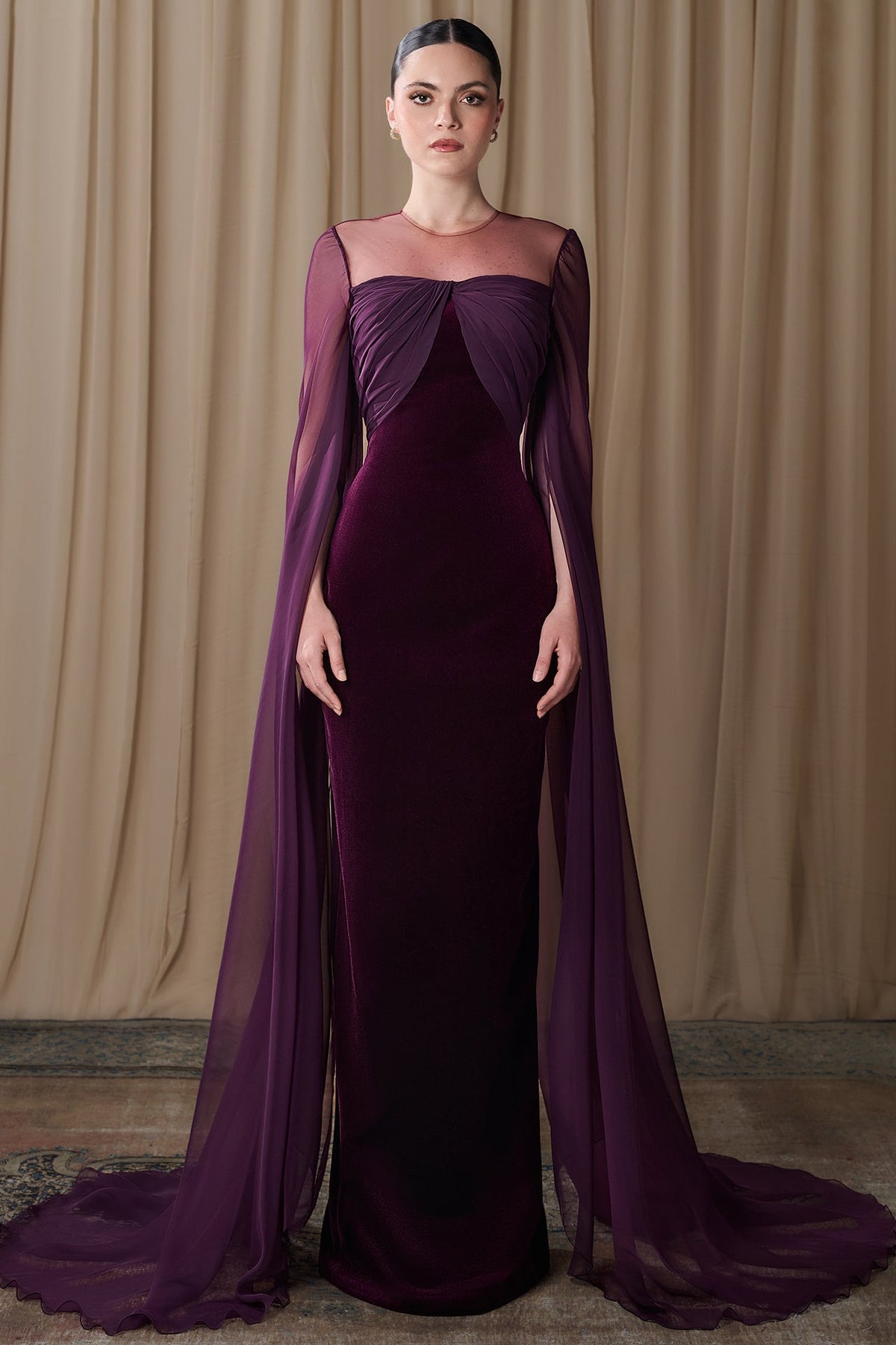 Velvet Cape-Sleeve Gown