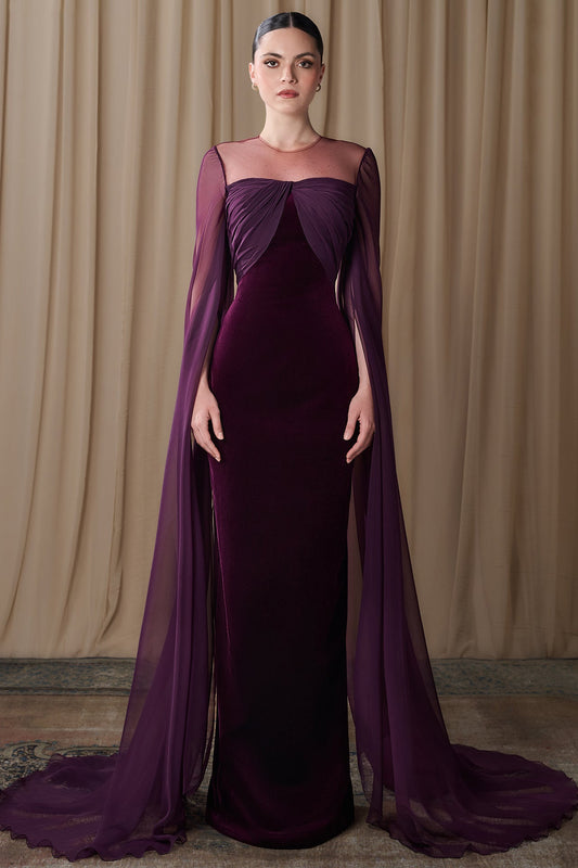 Velvet Cape-Sleeve Gown