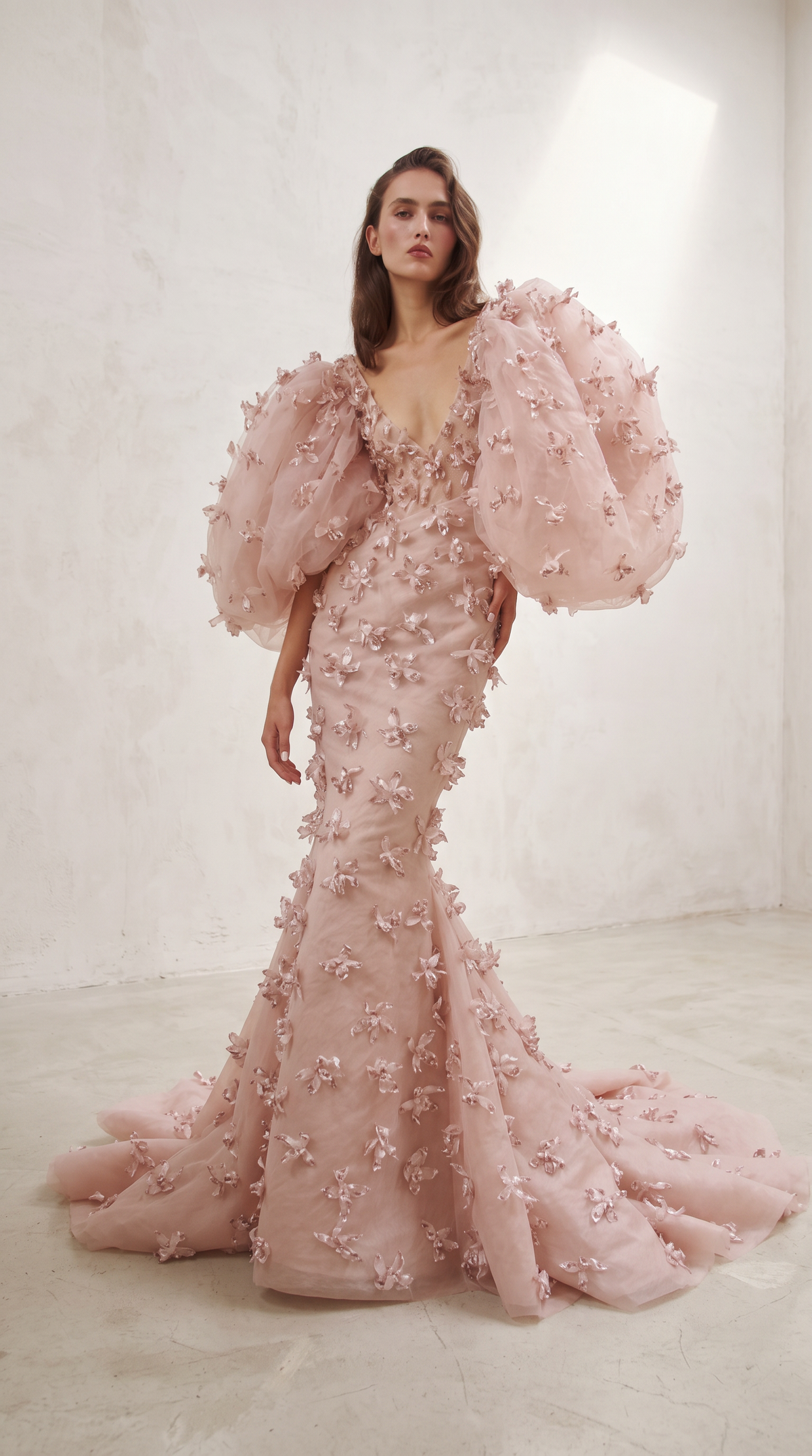 Puff Sleeve Floral Mermaid Gown