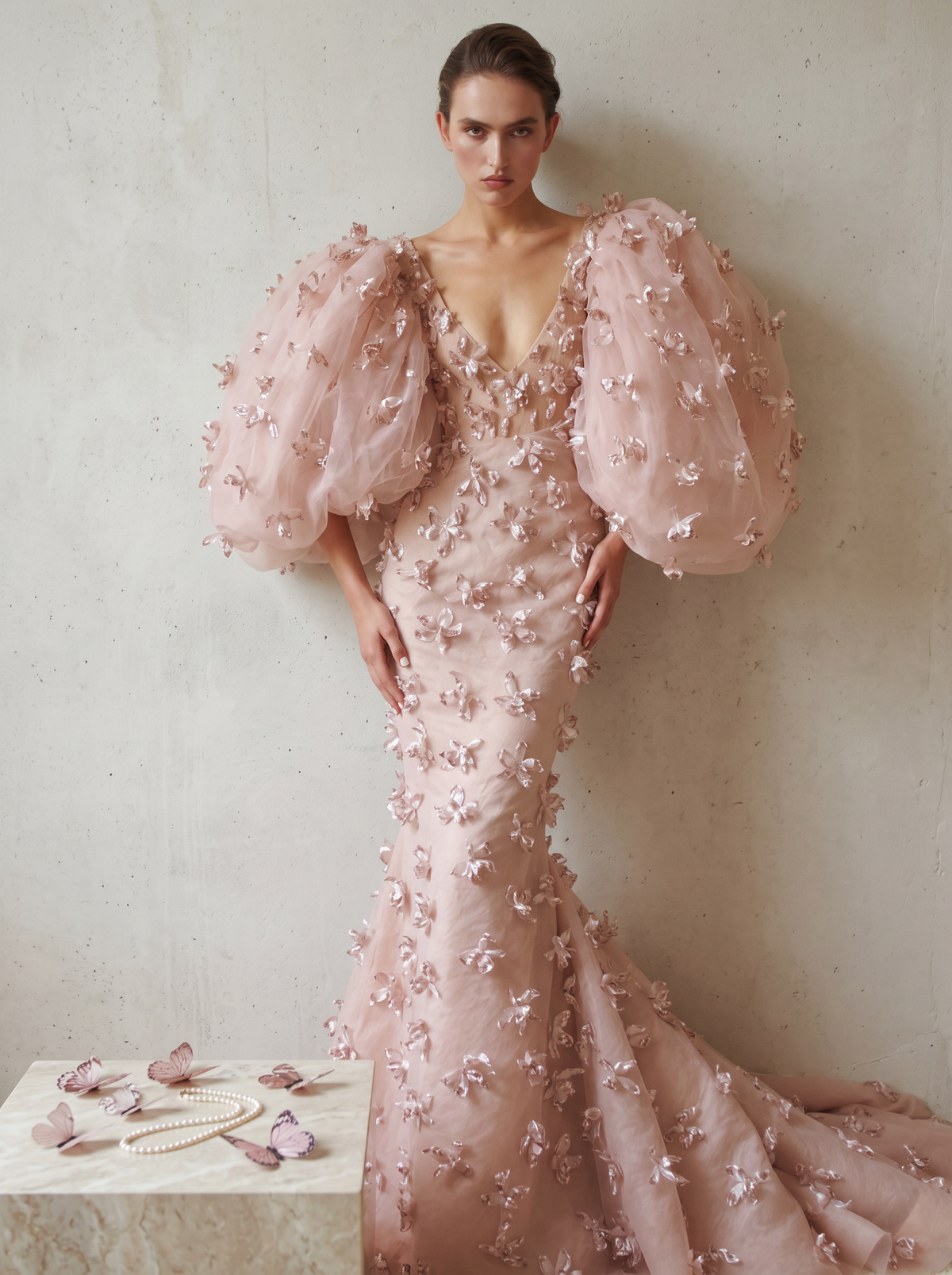 Puff Sleeve Floral Mermaid Gown