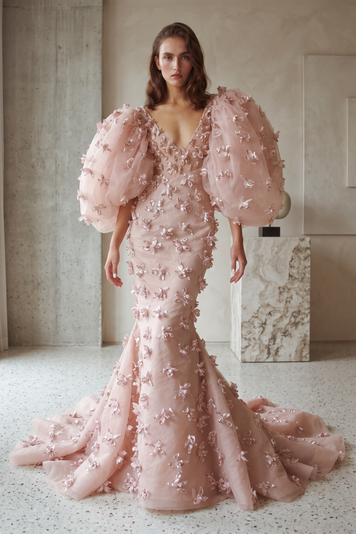 Puff Sleeve Floral Mermaid Gown