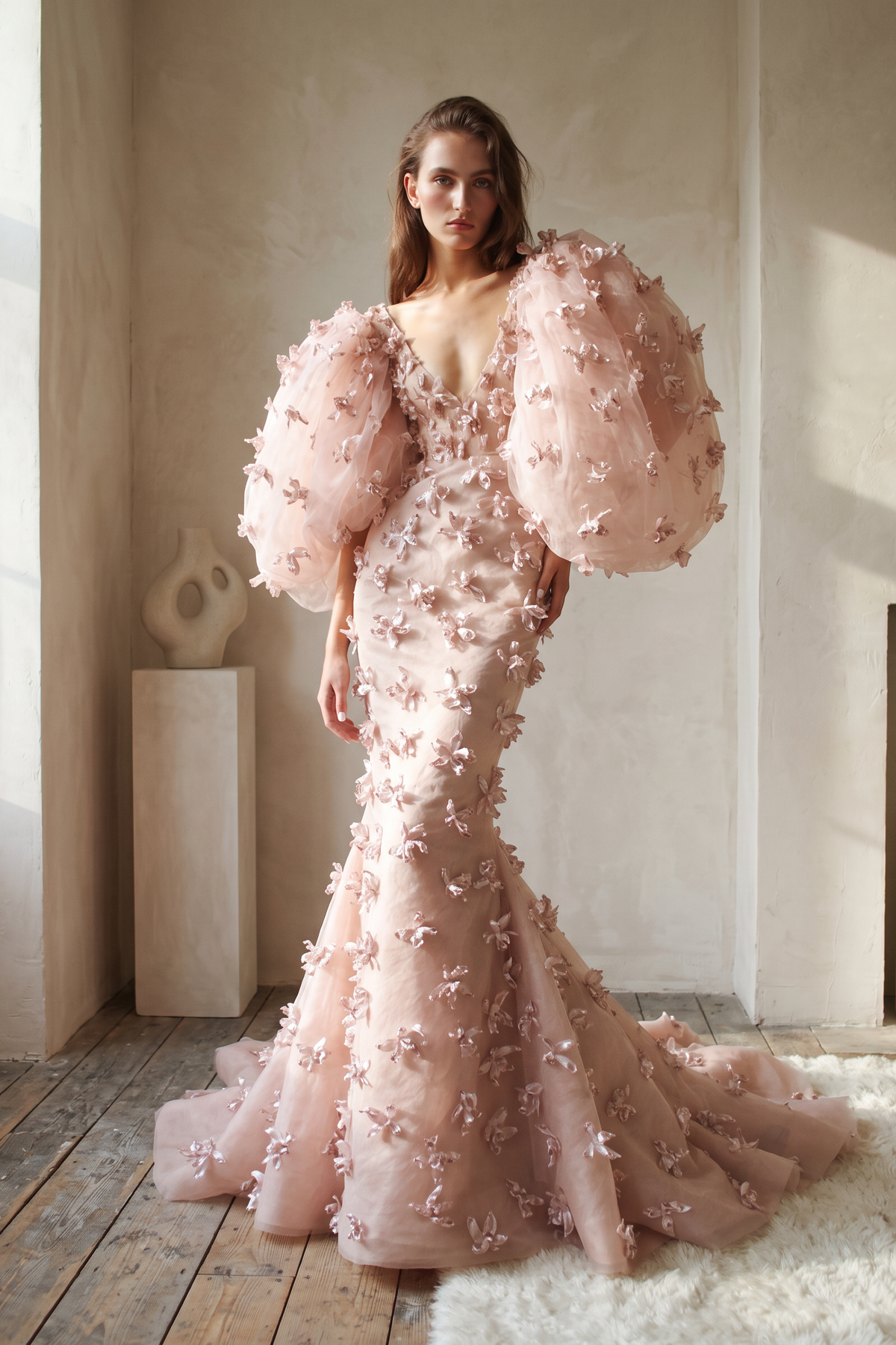 Puff Sleeve Floral Mermaid Gown
