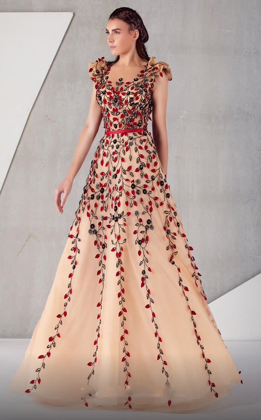 Ruffled Cap Sleeve Embellished A-Line Gown