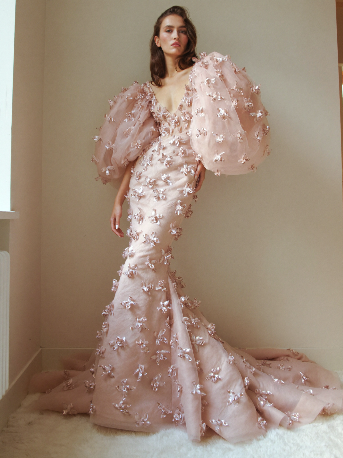 Puff Sleeve Floral Mermaid Gown