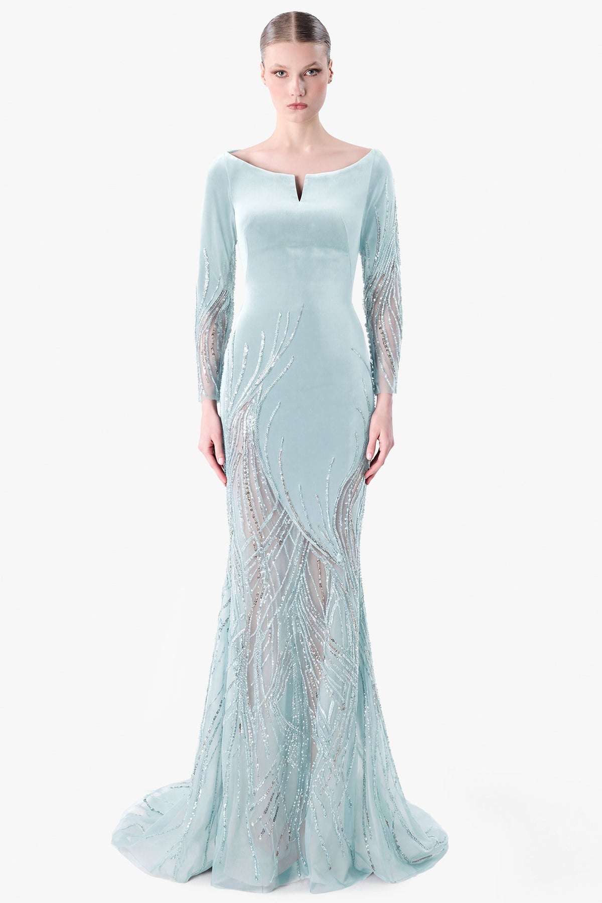 Velvet Gown with Embroidered Tulle Panels