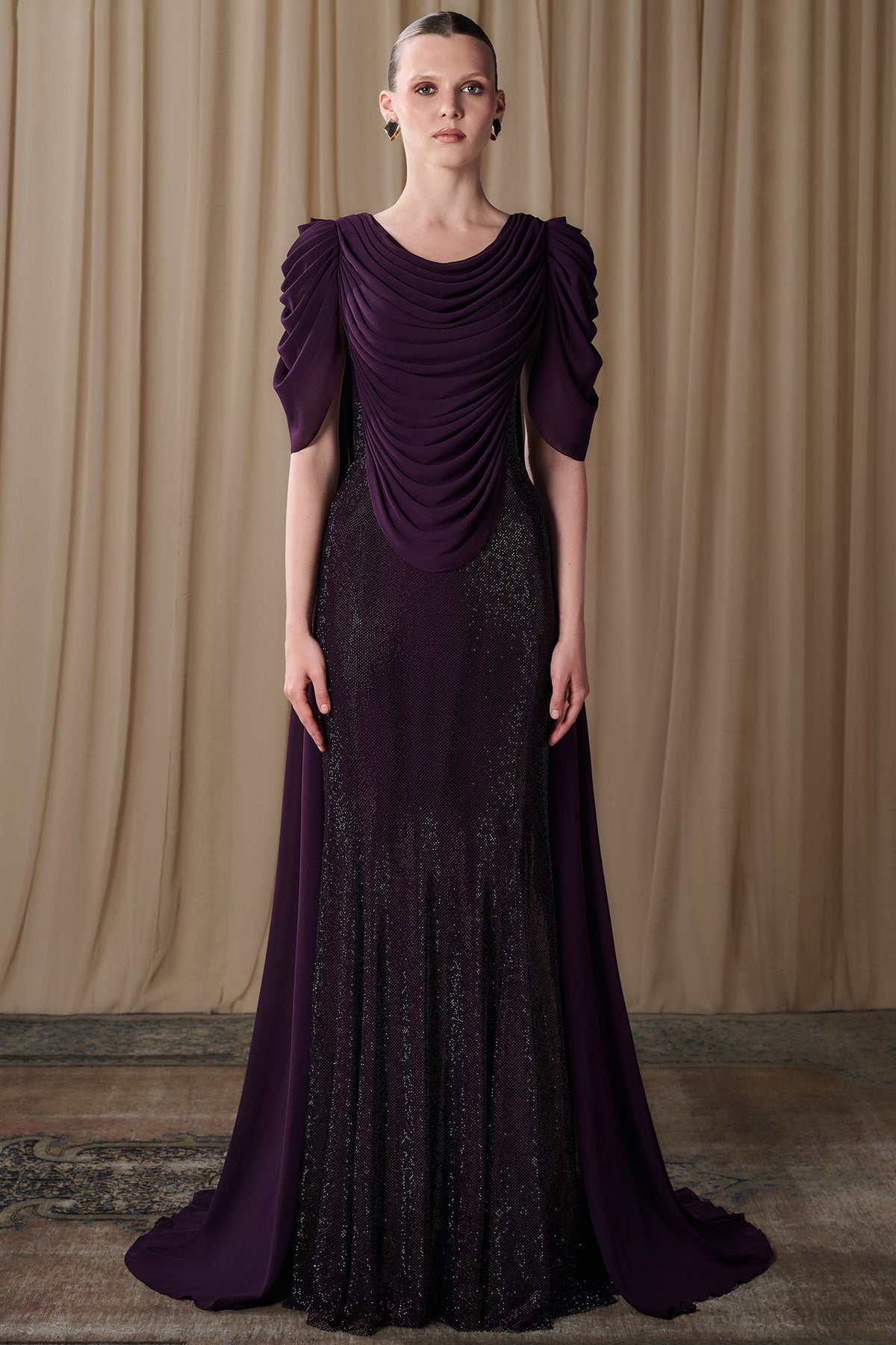 Cowl-Draped Crystal Mesh Gown