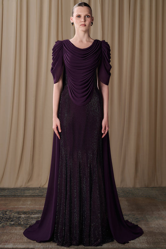 Cowl-Draped Crystal Mesh Gown