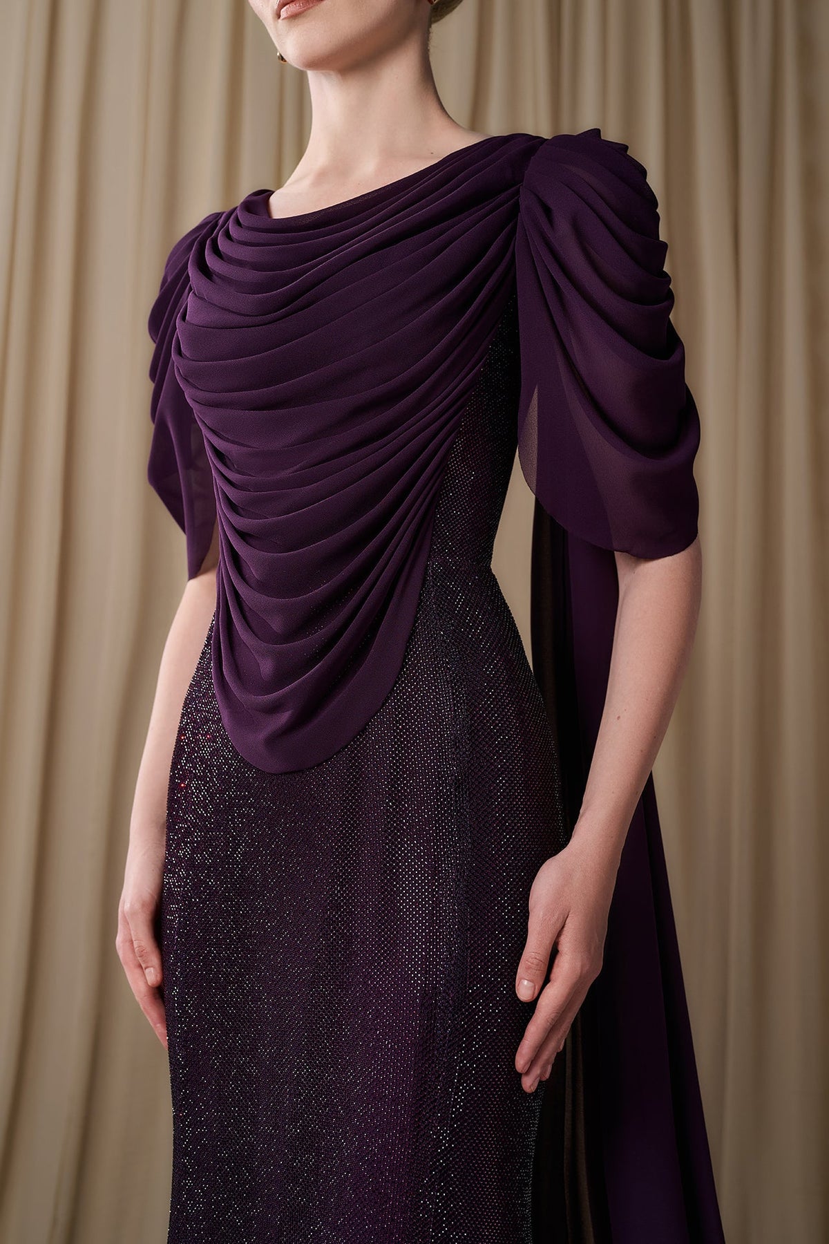 Cowl-Draped Crystal Mesh Gown