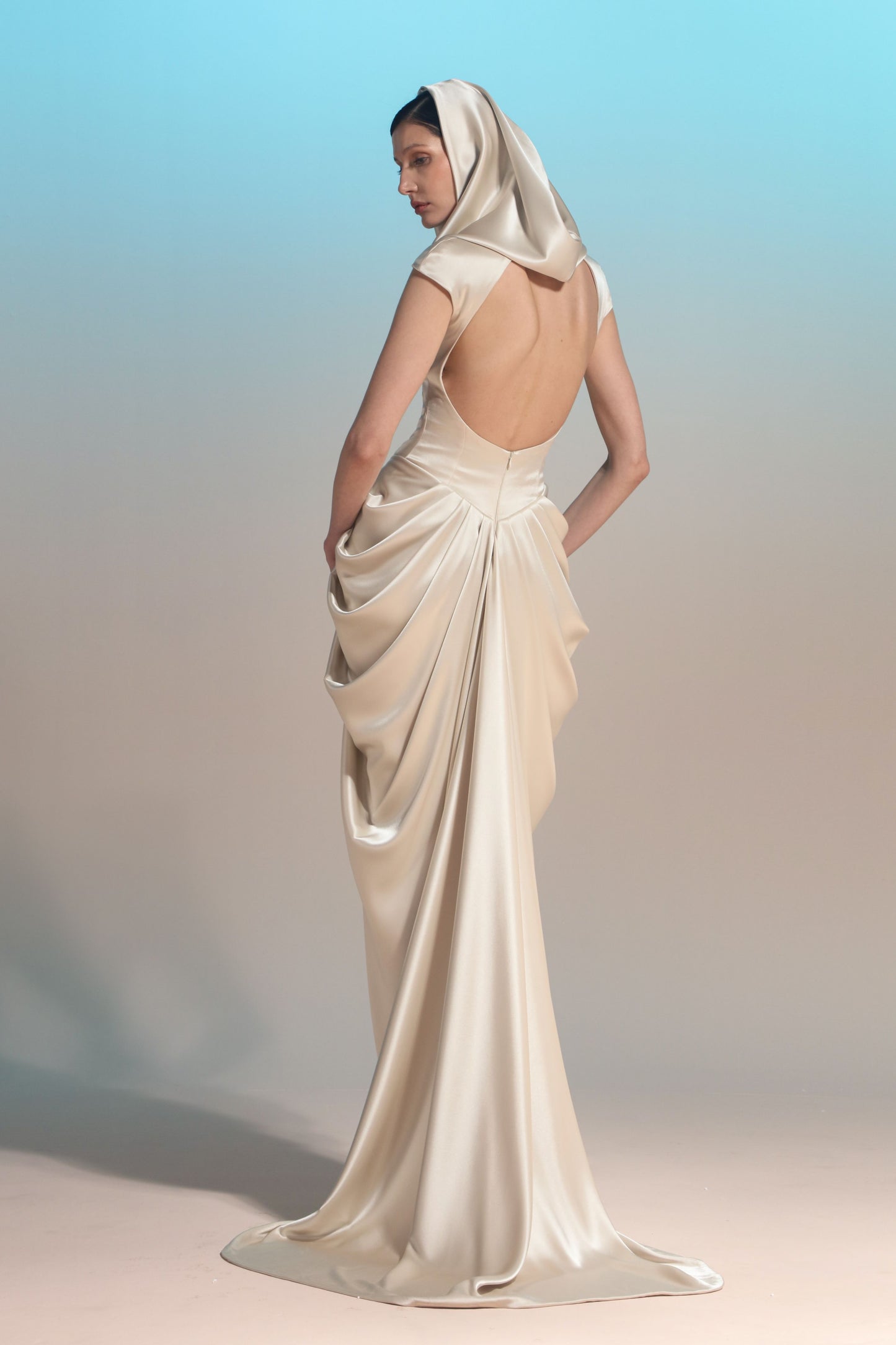 Hooded Draped Satin Gown