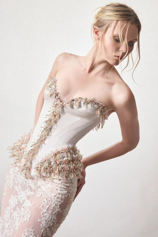 Strapless Fringe Gown