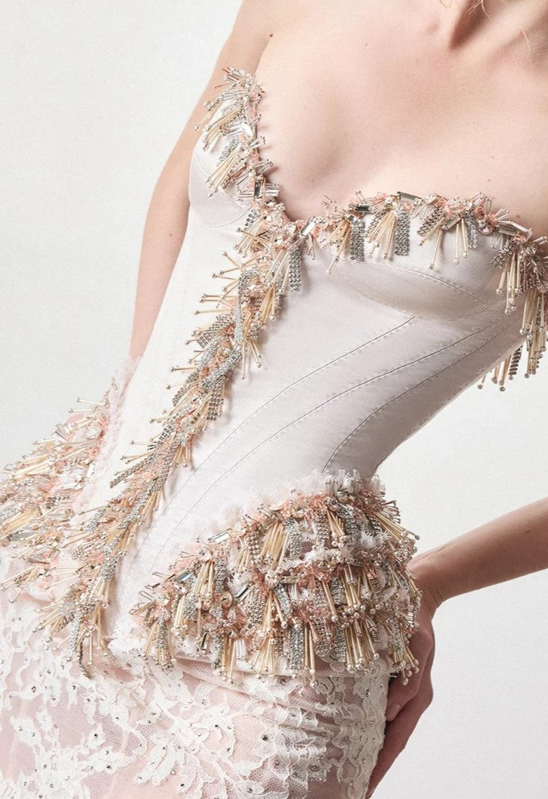 Strapless Fringe Gown