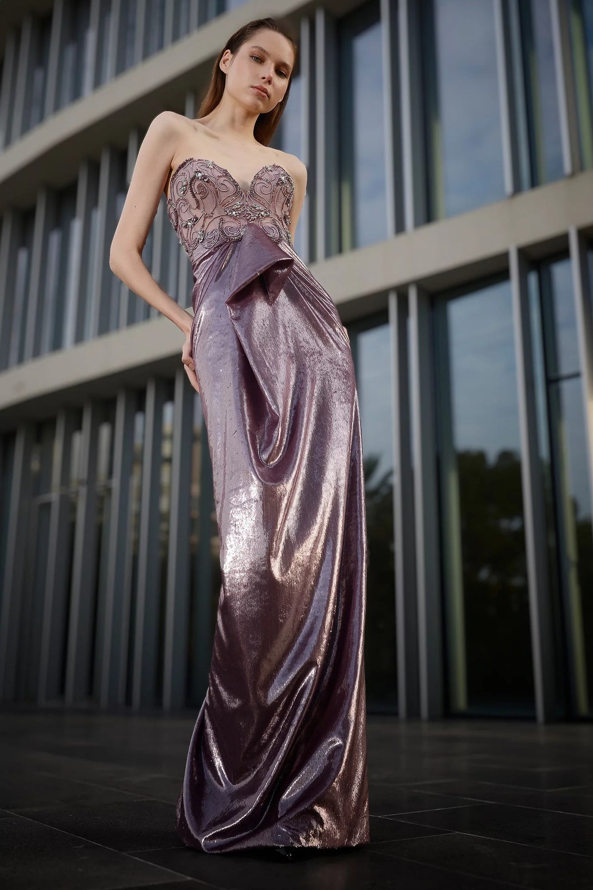 Strapless Draped Lamé Gown