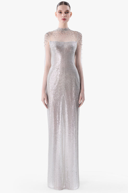 Crystal-Embellished Illusion Neckline Gown
