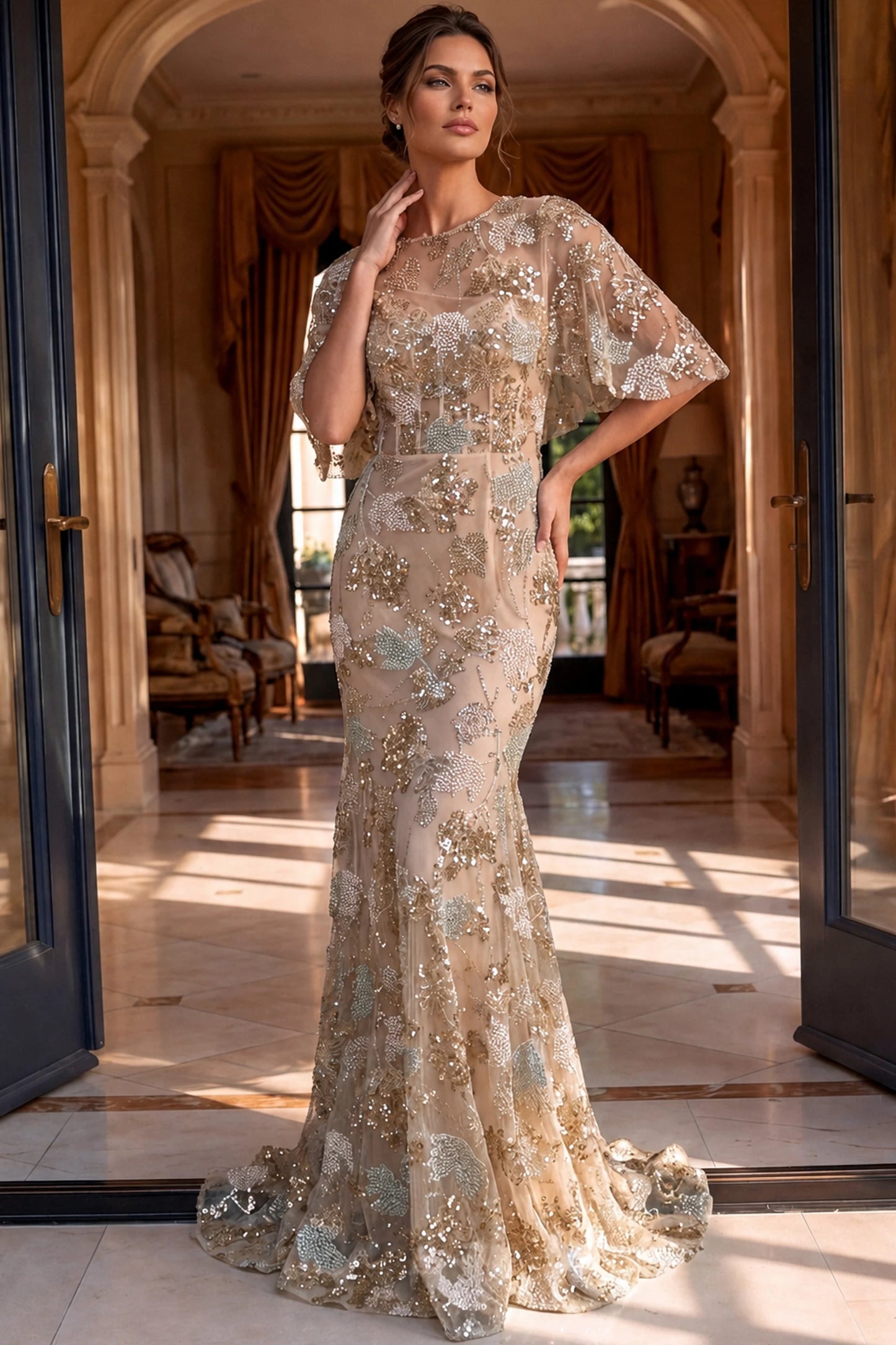 Beaded Cape Sleeve Mermaid Gown