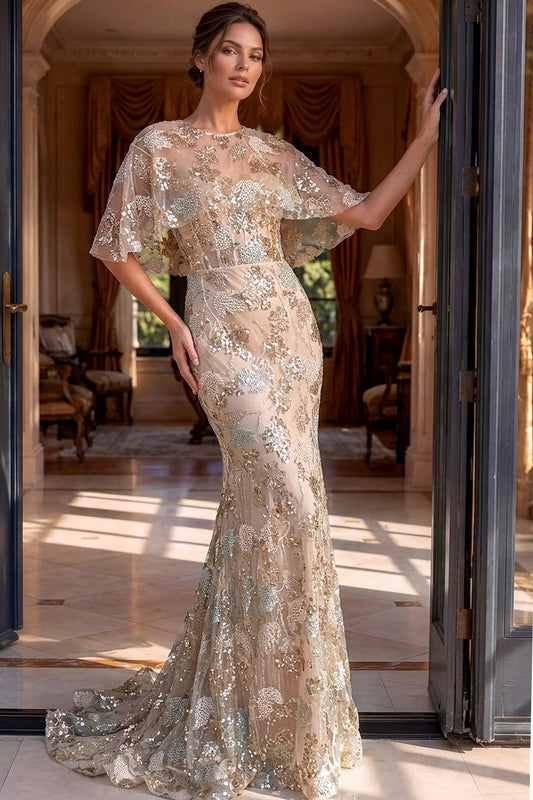 Beaded Cape Sleeve Mermaid Gown