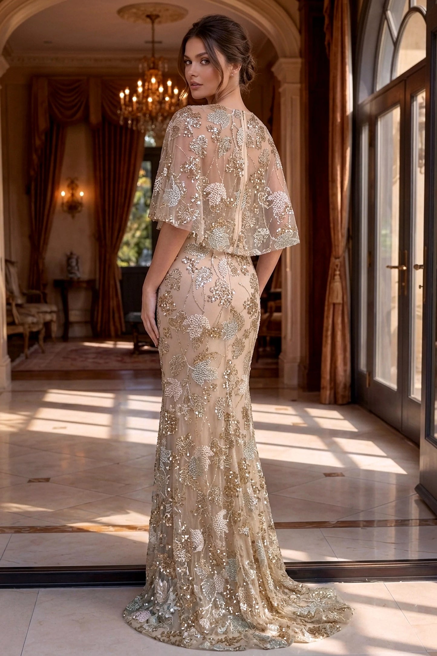 Beaded Cape Sleeve Mermaid Gown