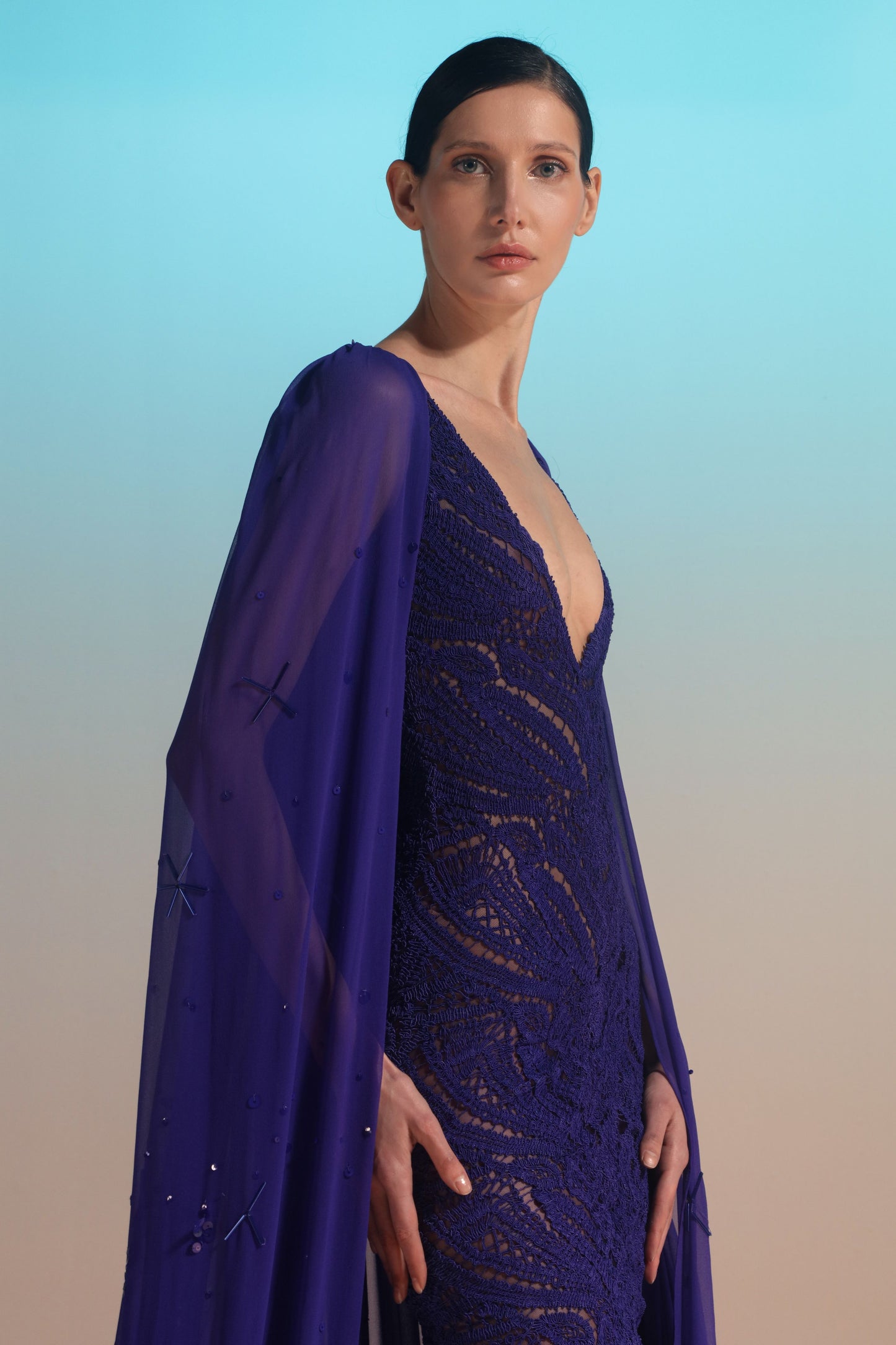 Embroidered Gown with Beaded Cape