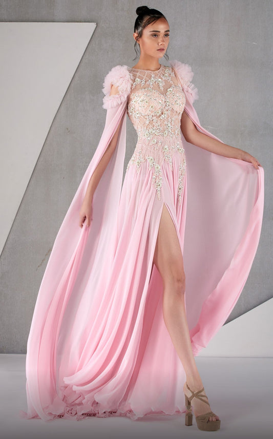Embellished Pleated Cape Sleeve Gown