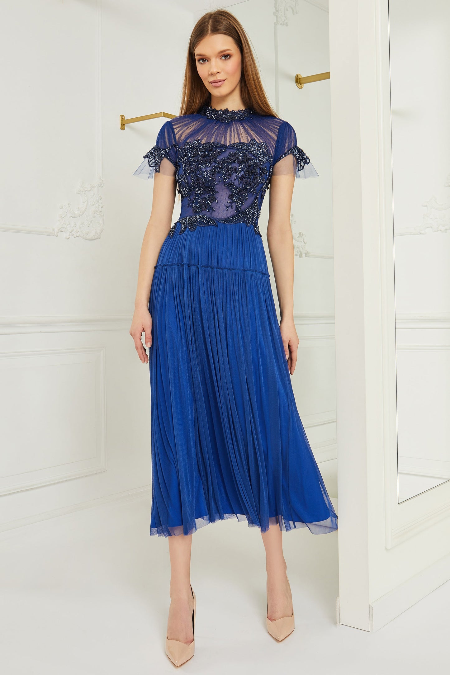 Embroidered Pleated Short Sleeve Midi Dress