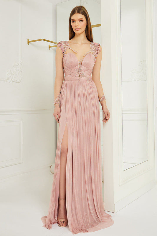 Long Sleeved Pleated Slit Gown