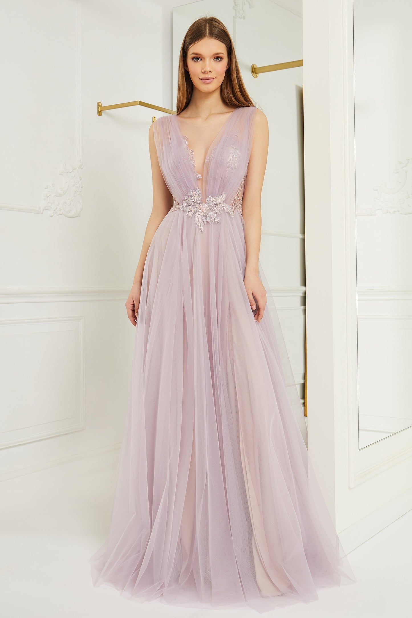 Sleeveless Embroidered Tulle Slit Gown
