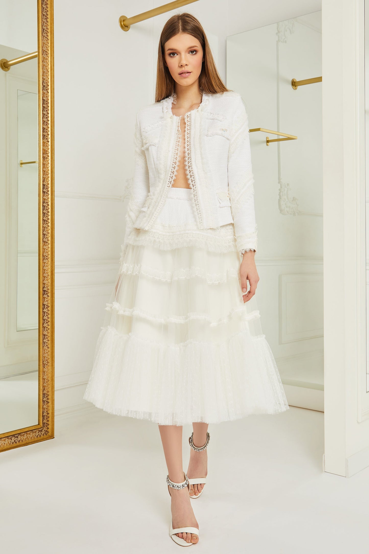 French Tweed Long Sleeve Jacket and Midi Skirt