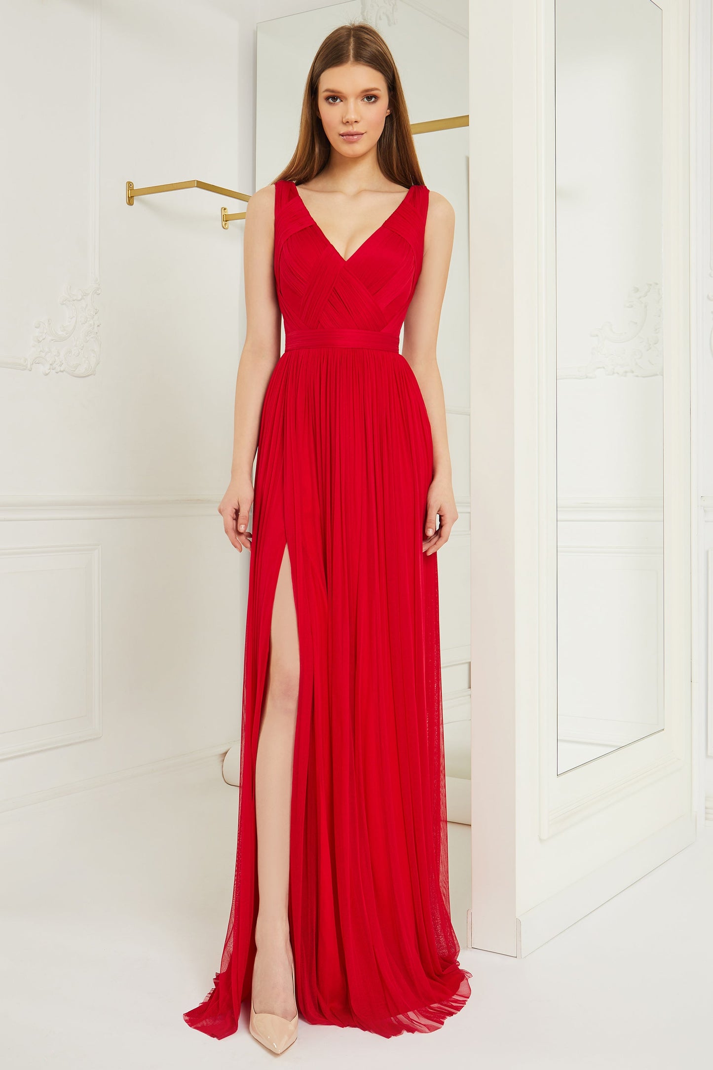 V Neck Pleated Slit Gown