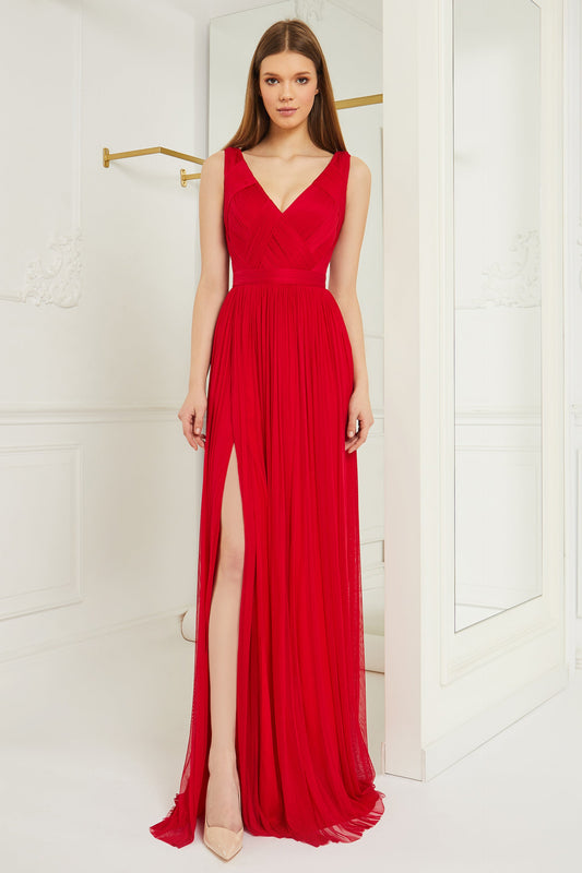 V Neck Pleated Slit Gown