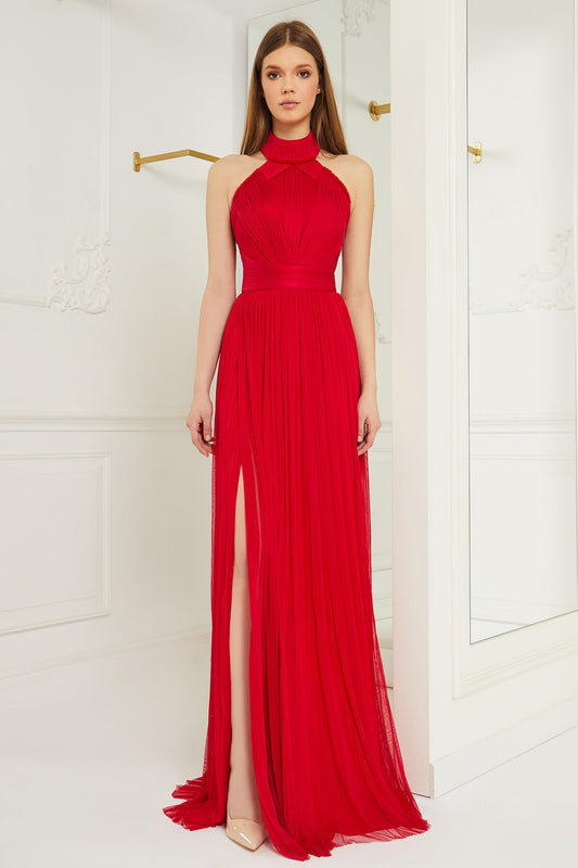 Halter Neck Pleated Slit Gown