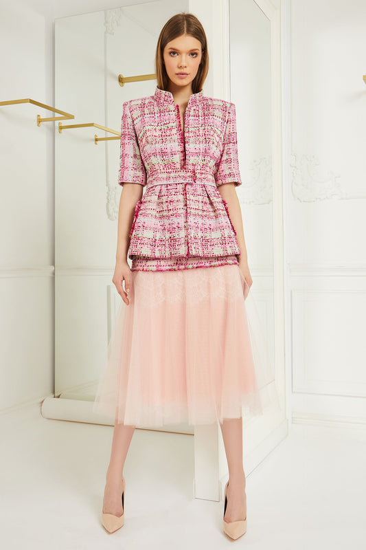 French Tweed Short Sleeve Jacket and Midi Skirt