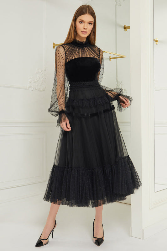 Long Sleeve Velvet and Lace Midi Dress