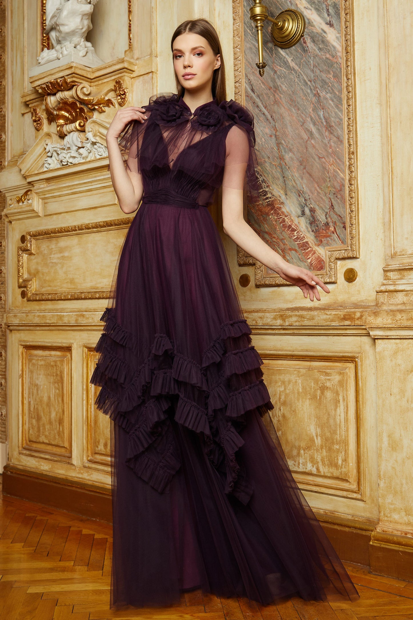 Sleeveless Tulle Gown with Cape
