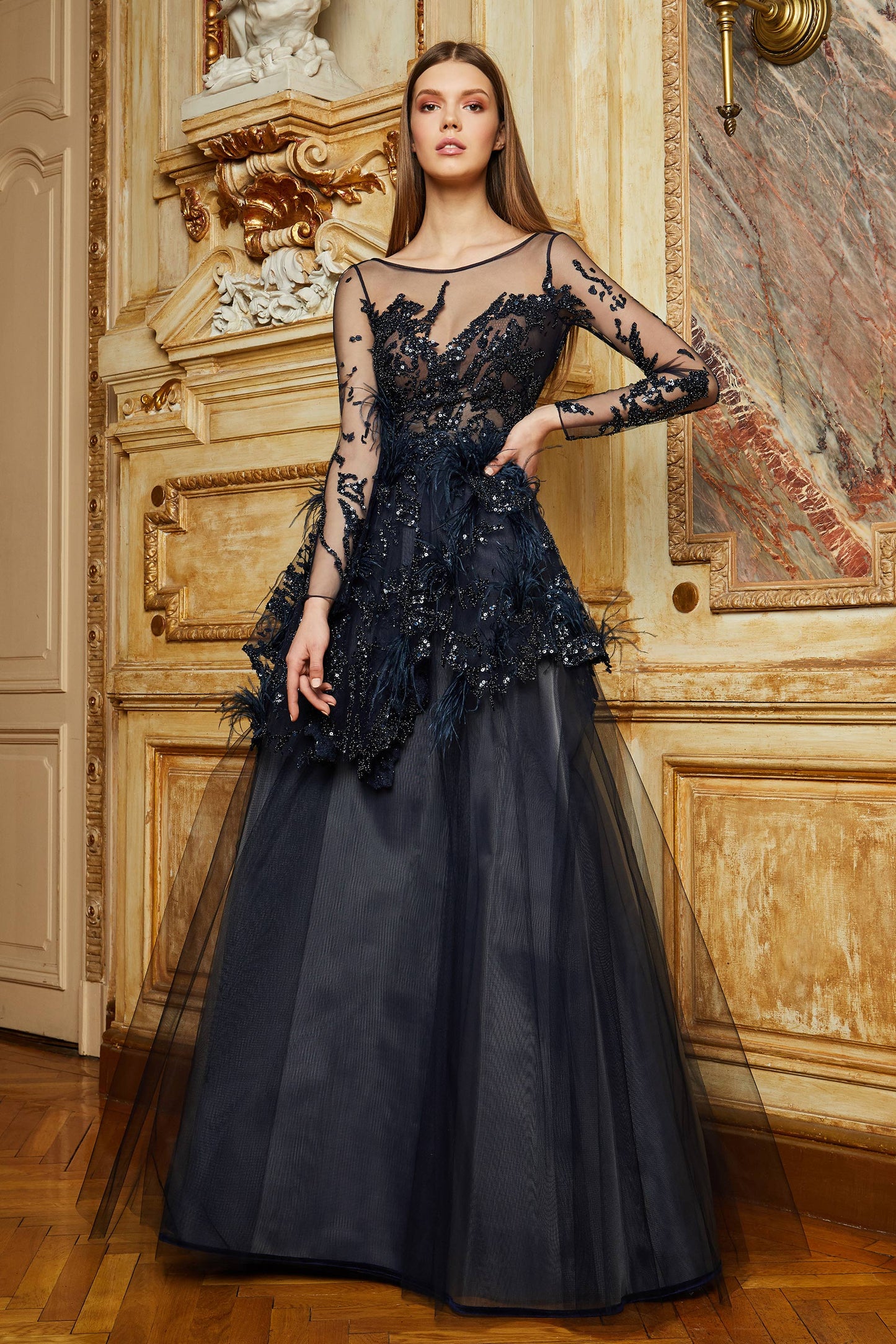 Embellished Long Sleeve Gown
