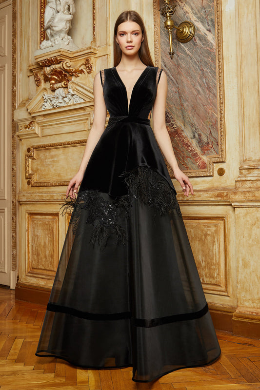 Sleeveless Velvet Tulle Ball Gown