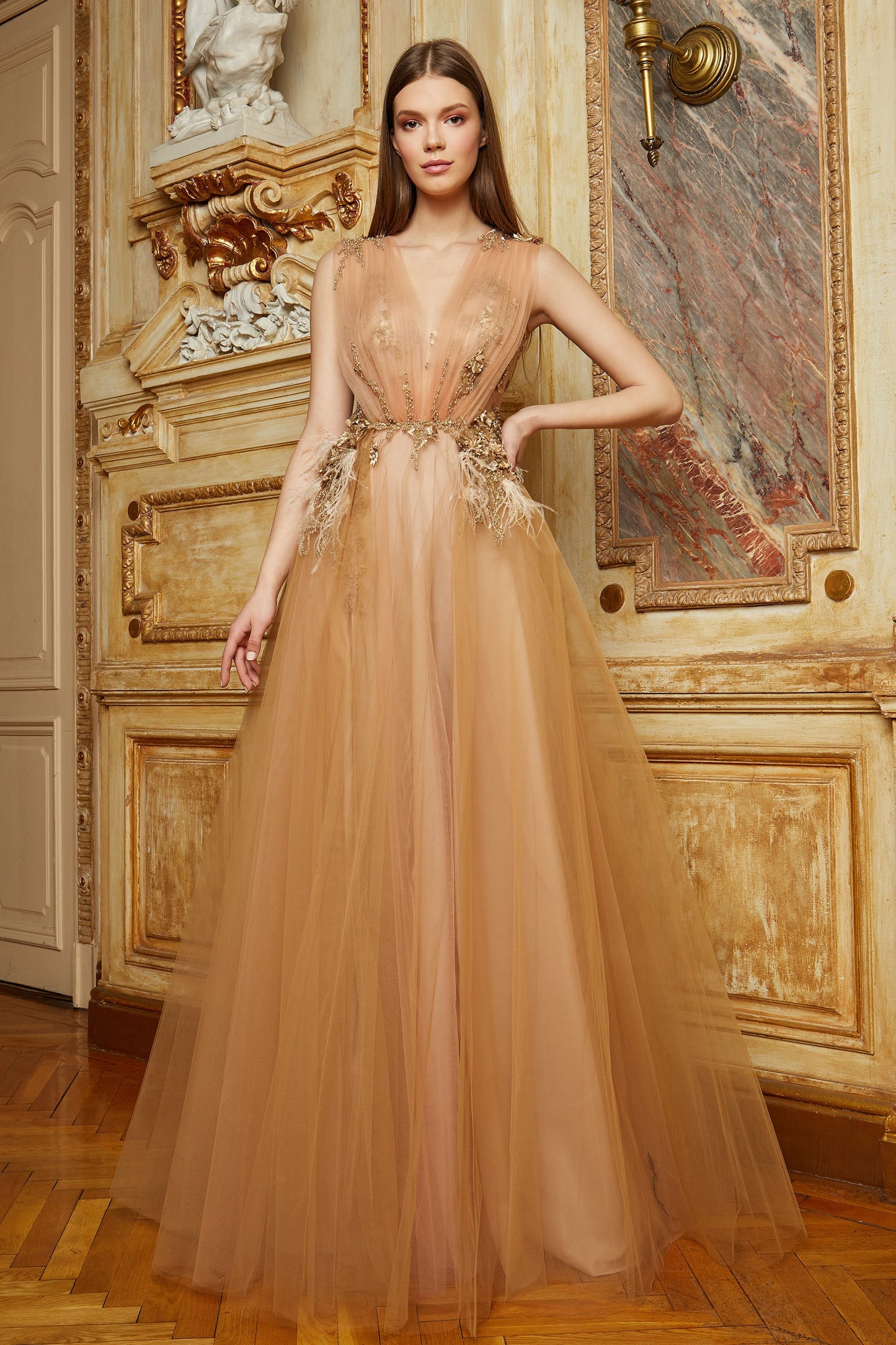 Embellished Sleeveless Tulle Gown