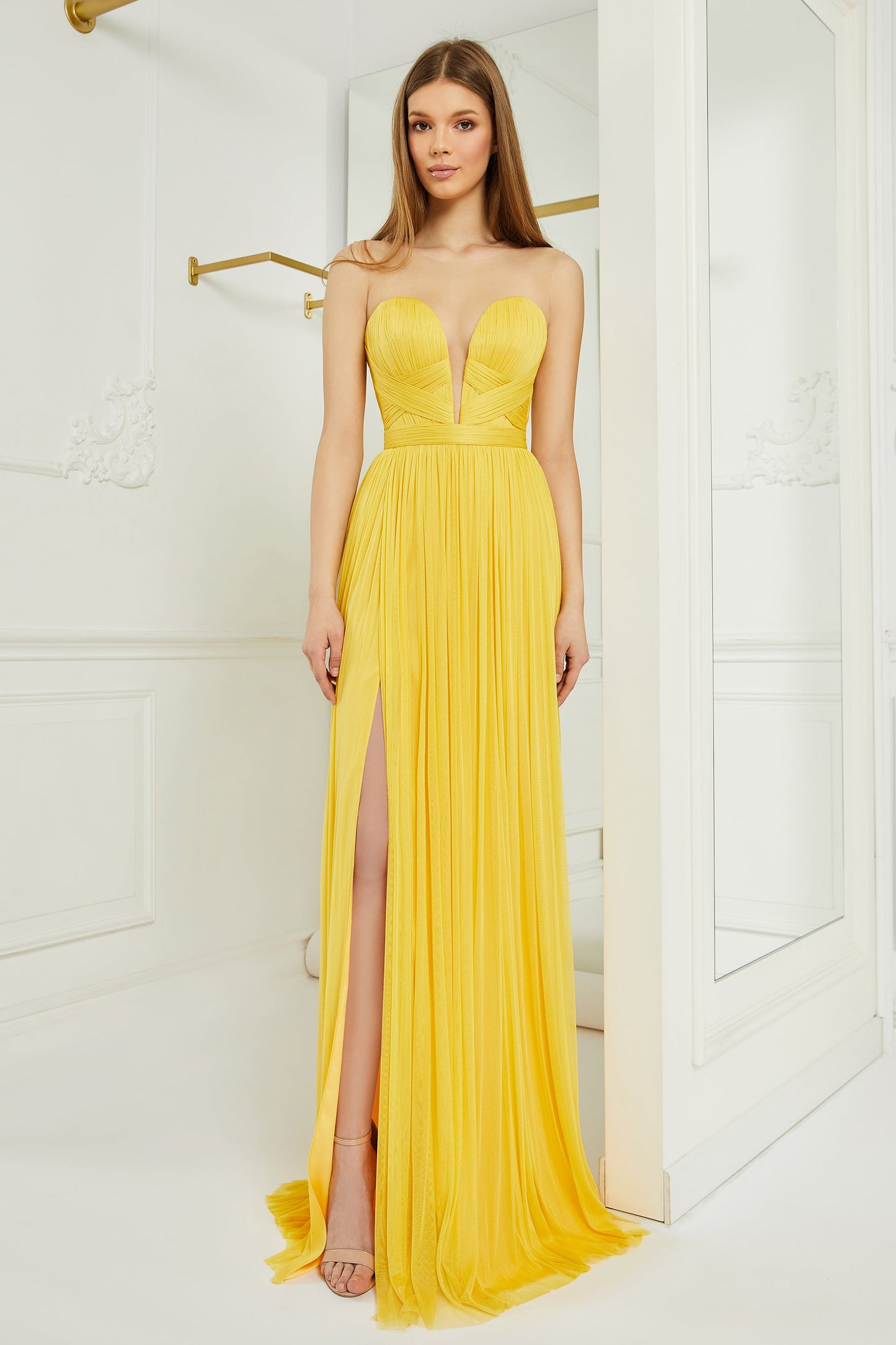 Strapless Illusion Pleated Slit Gown