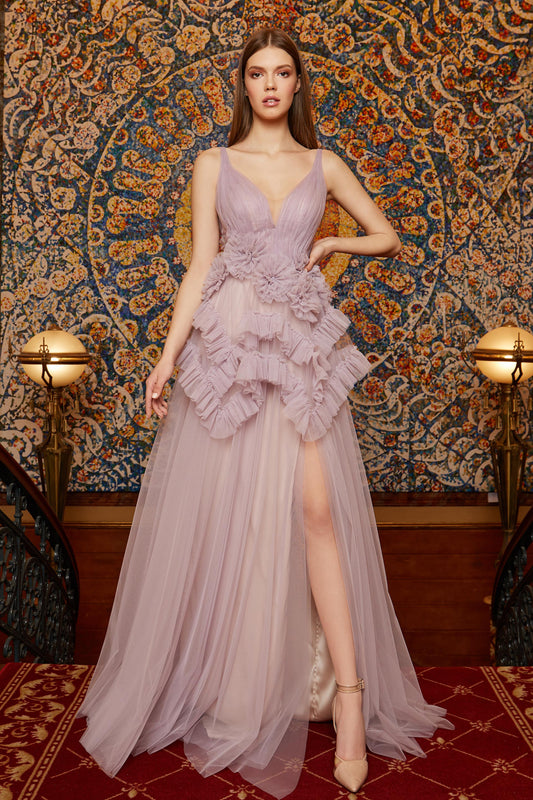 Sleeveless Ruffled Slit Gown