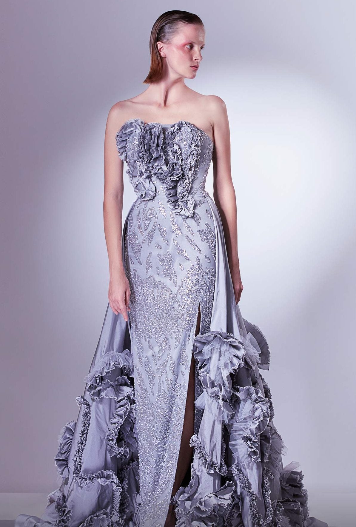 Embellished Ruffled Slit Gown