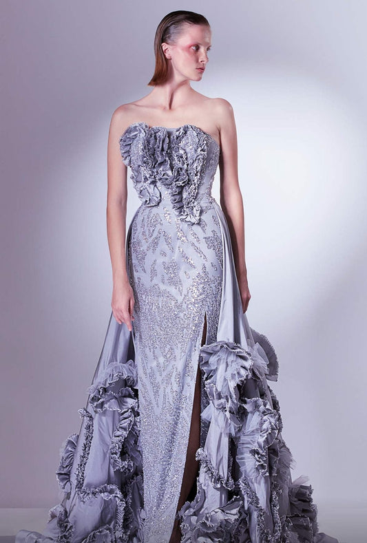 Embellished Ruffled Slit Gown