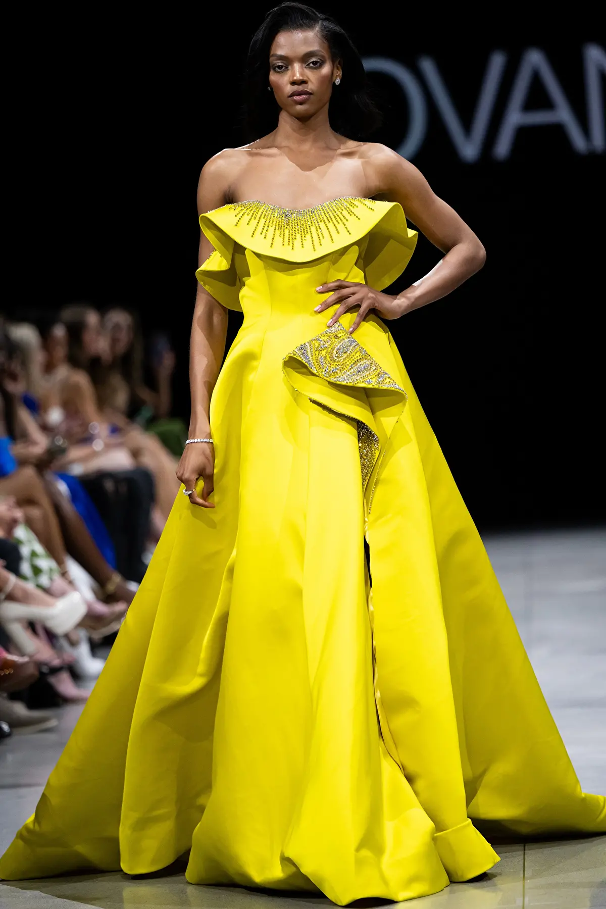 Beaded Ruffled Strapless A-Line Gown