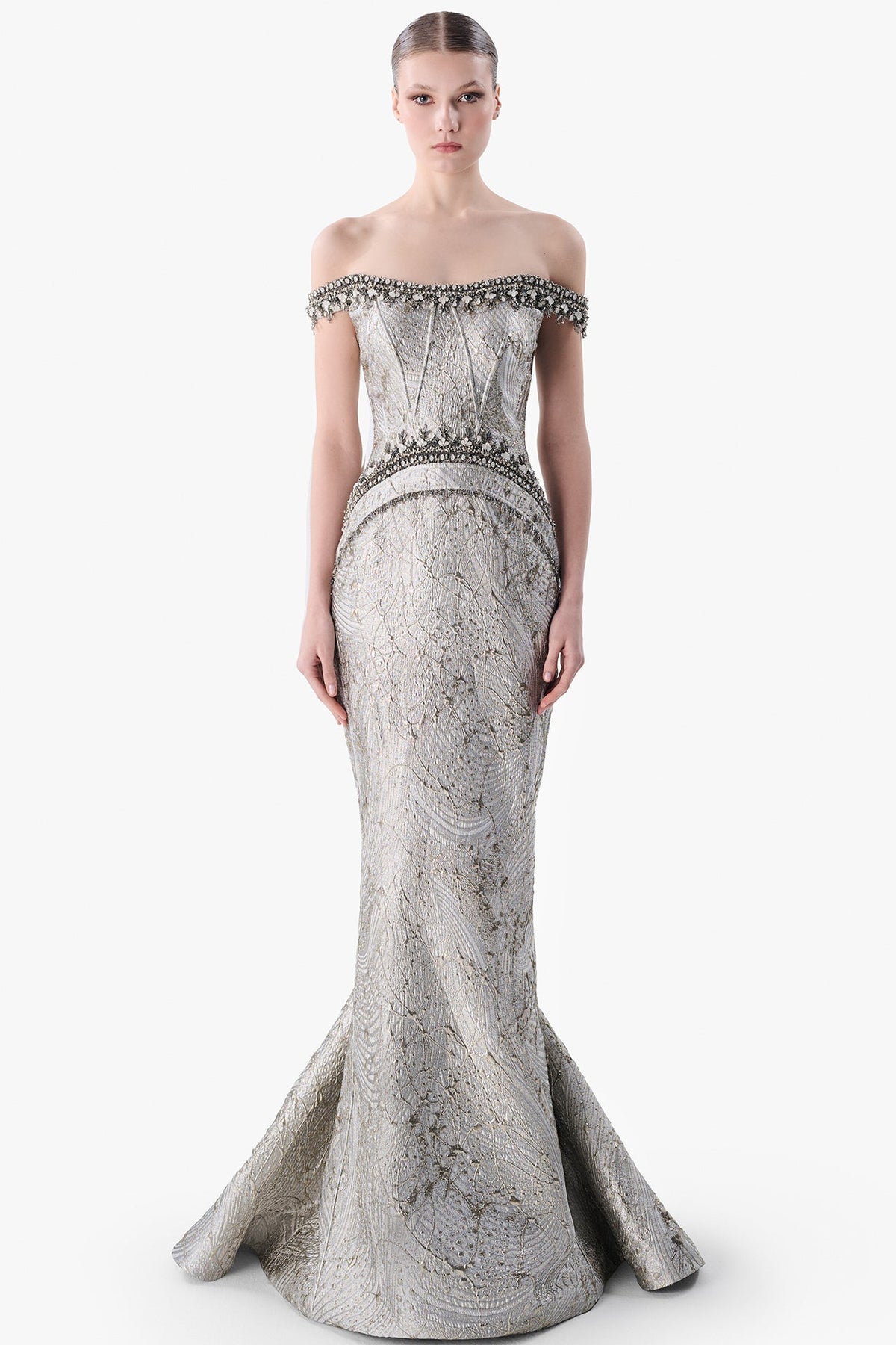 Embroidered Off-Shoulder Jacquard Gown