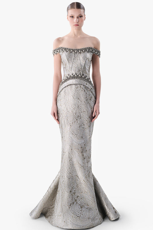Embroidered Off-Shoulder Jacquard Gown