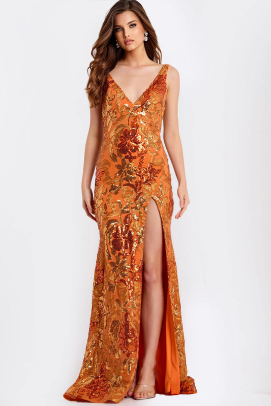 Orange Sequin Floral Prom Dress With Slit
